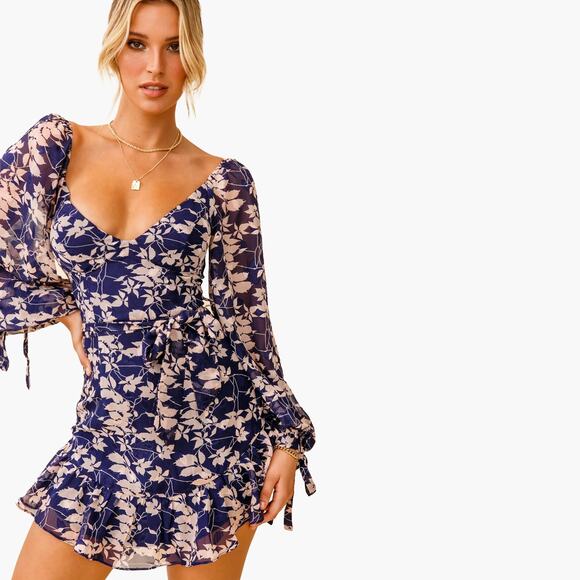 NWT PETAL + PUP Floral Puff Sleeve Ruffle Hem Mini Dress (Navy/Beige | Size 4) - Picture 5 of 11